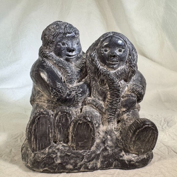 Handmade AL Wolf Inuit Couple Figurine Soap Stone Carving Canada Art Sculpture - Picture 1 of 5